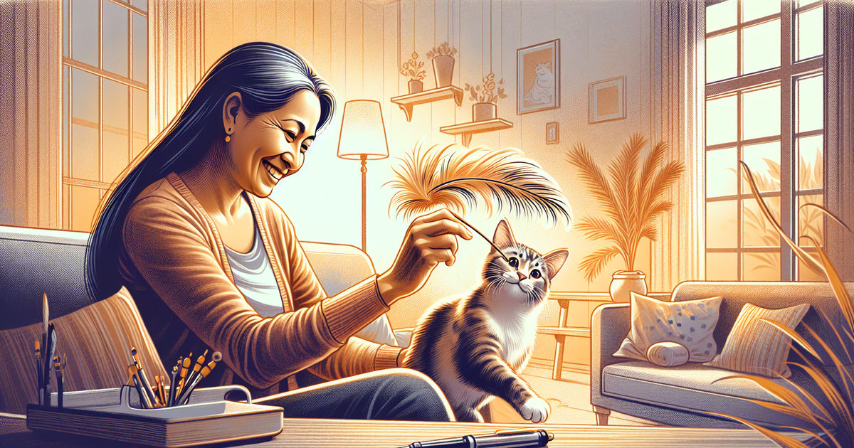 飼い主と猫がじゃらしで遊んでいるイラスト