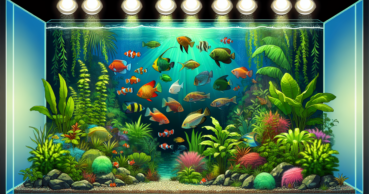 熱帯魚と水草が生き生きと泳ぐ水槽の美しい画像