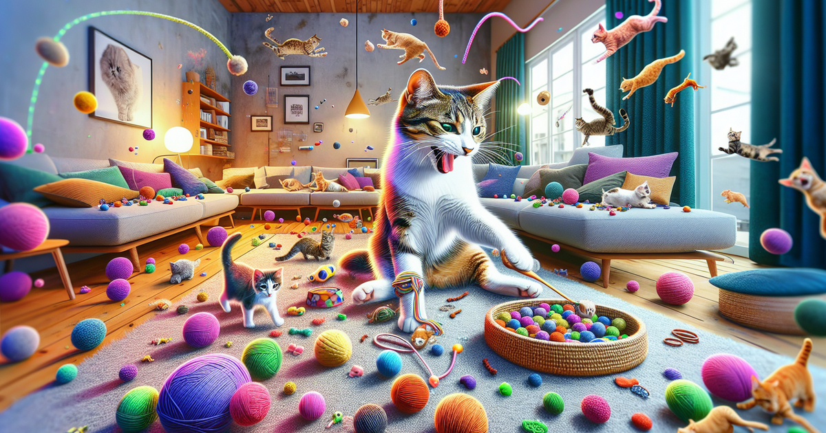 猫がさまざまなおもちゃで遊んでいるイラスト